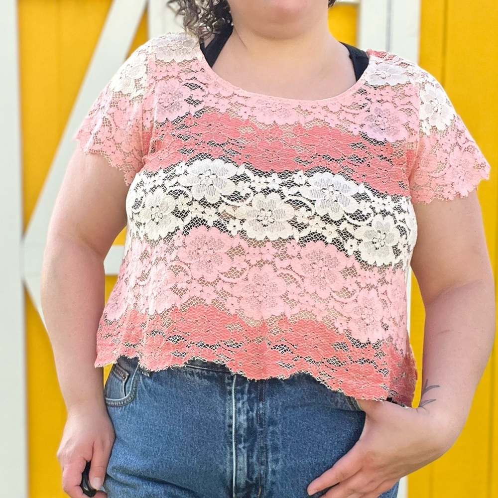 Pink and coral stripe lace hand made short sleeve cropped top